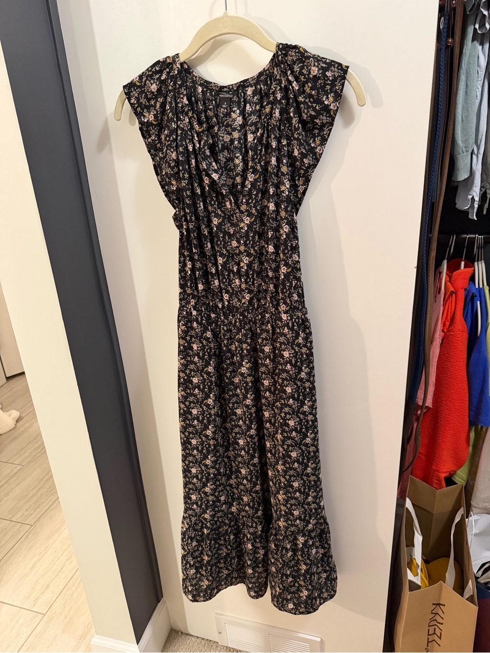 J Crew Mercantile Black Floral Maxi Dress with Cap Sleeves